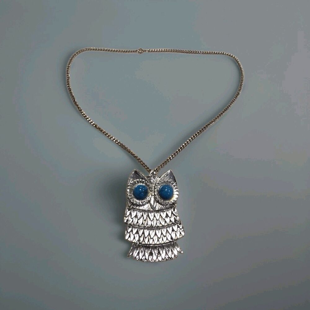 Vintage Style Articulated Owl Pendant Necklace Silver Tone Faux Turquoise Eyes